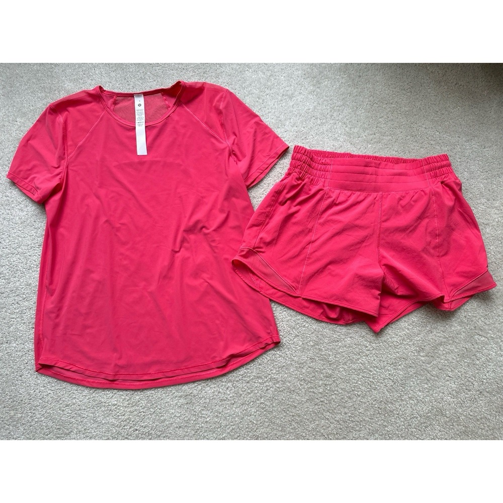 Lululemon Women's Size 8 Matching Set Pink Short Sleeve Top Hotty Hot Shorts 4"